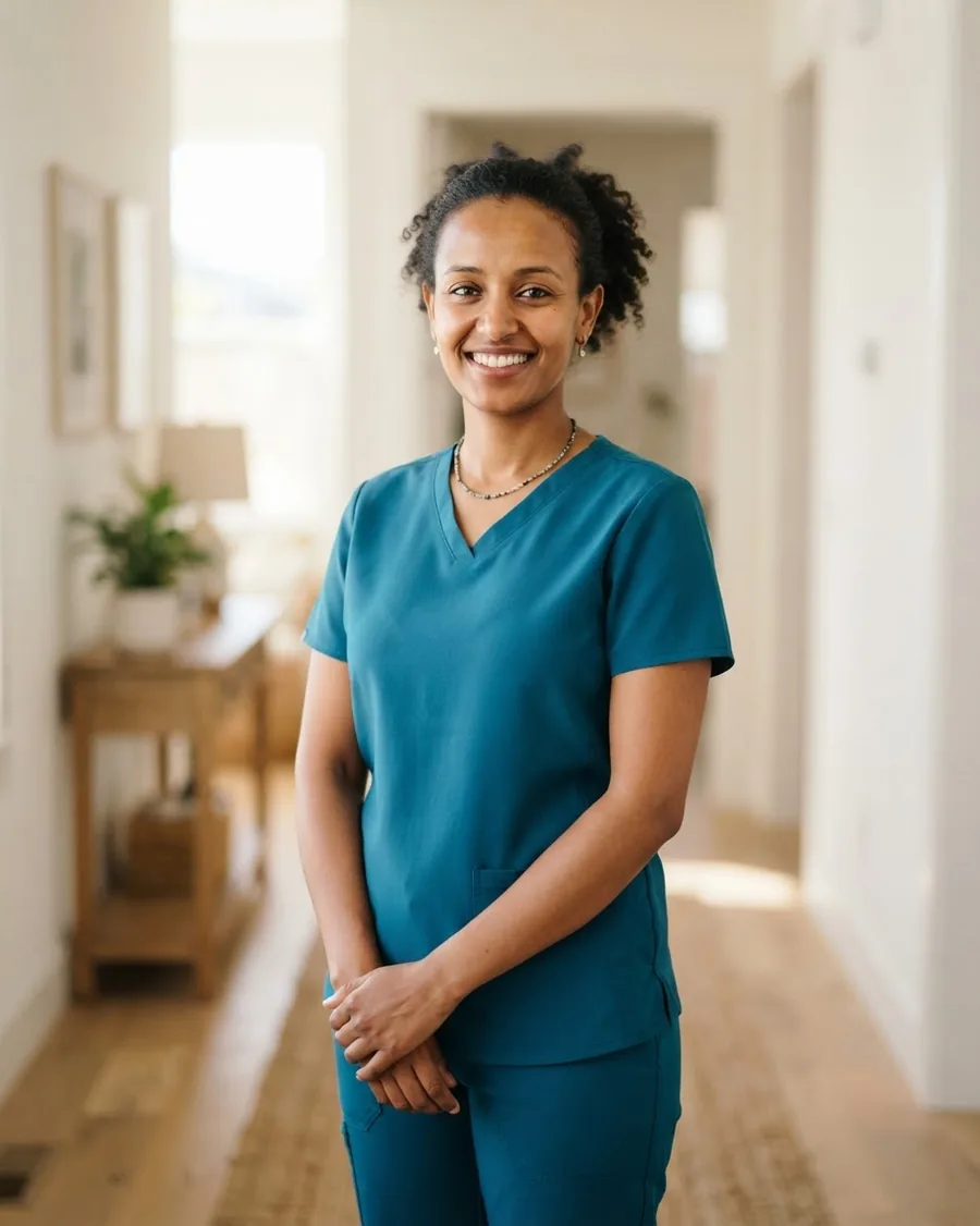A caregiver in scrubs smiling in a bright hallway.