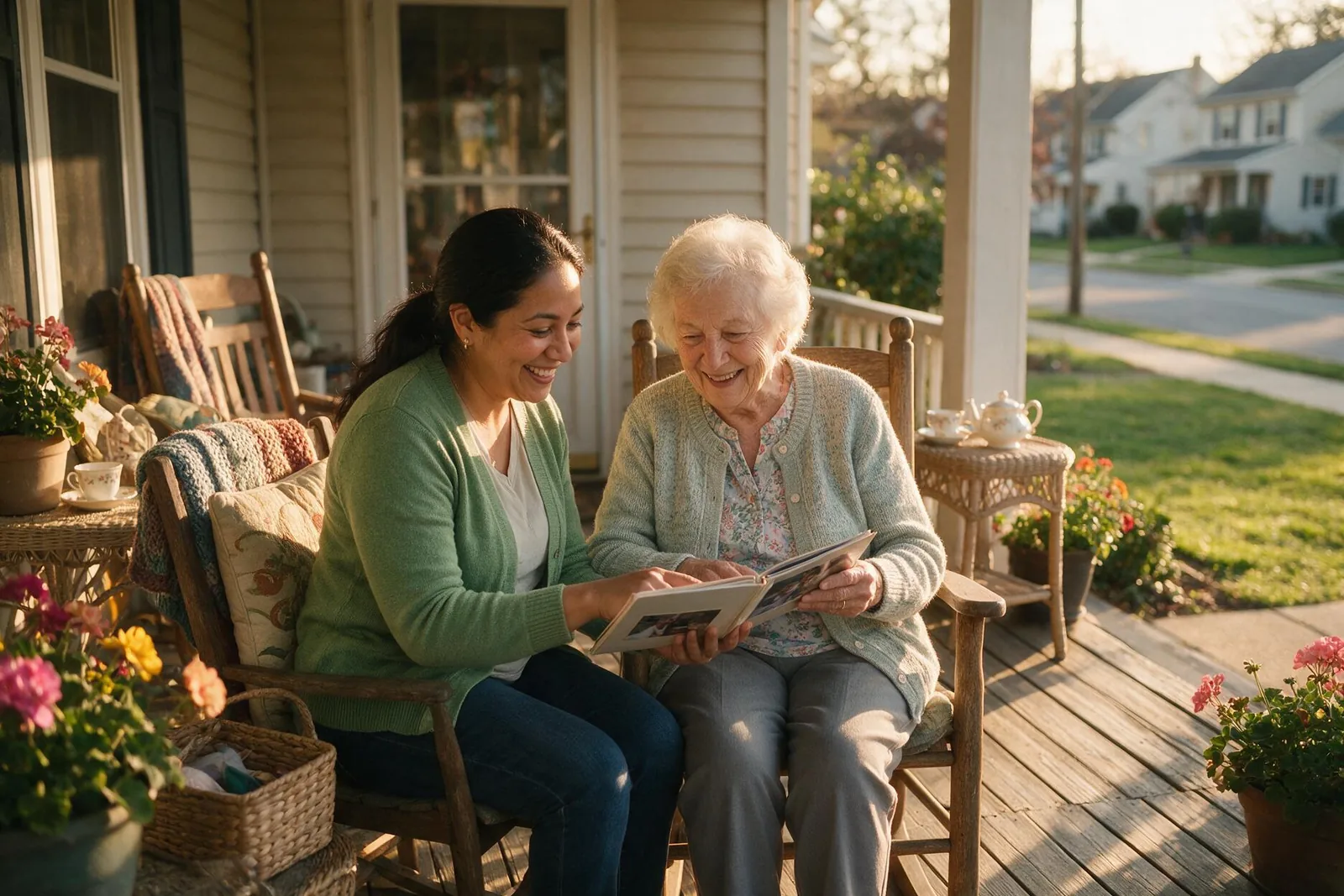 A caregiver and an older woman looking through a photo album together on a front porch.