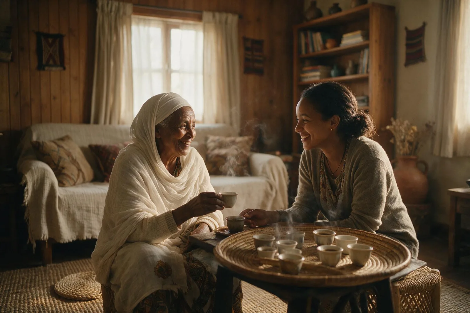 An elderly woman and her caregiver sharing traditional coffee at home.