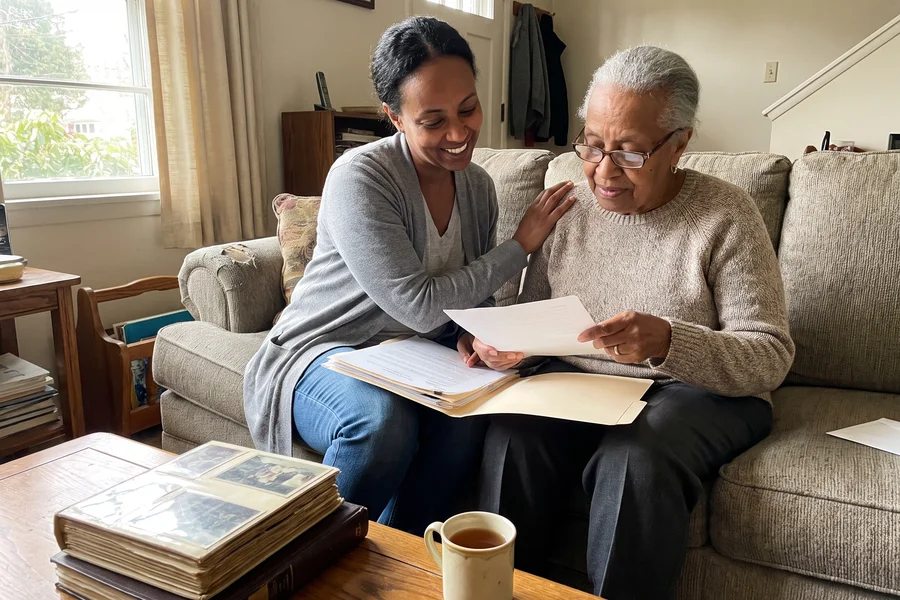 An Ethiopian-American daughter reviewing paperwork with her elderly mother at home.