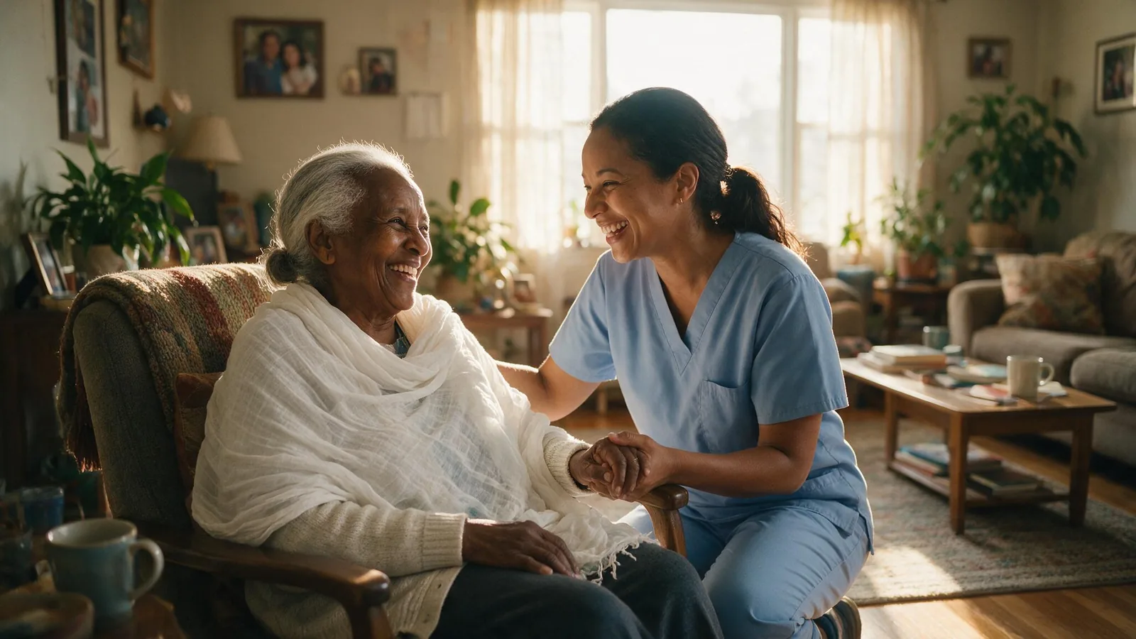 A home care aide sitting beside a smiling elderly woman in her living room, holding her hand.