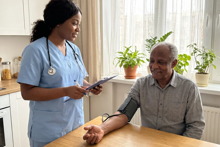 A nurse checking an elderly Ethiopian-American man's blood pressure in his kitchen.