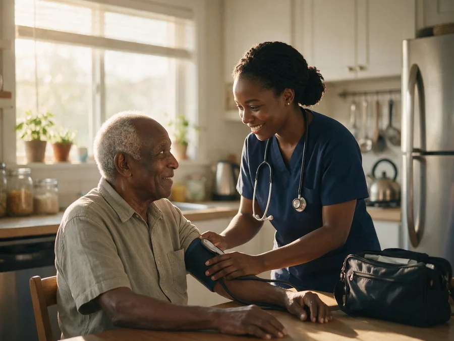 A nurse checking an elderly man's blood pressure at his kitchen table.