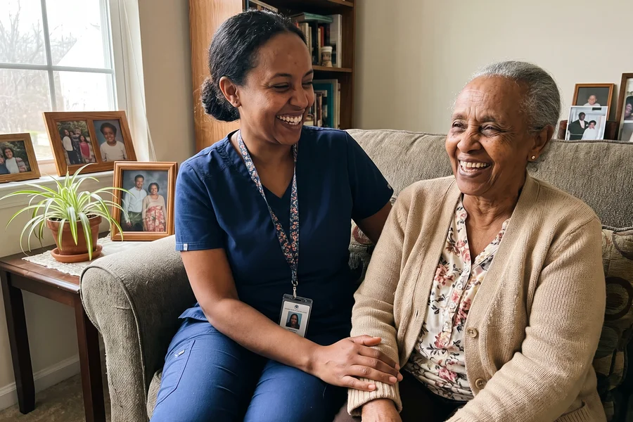An Ethiopian-American caregiver in scrubs laughing with an elderly Ethiopian-American grandmother in a home living room.