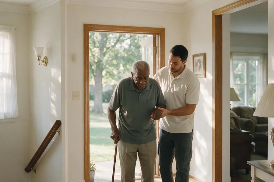 A caregiver steadying an elderly man as he walks with a cane at home.