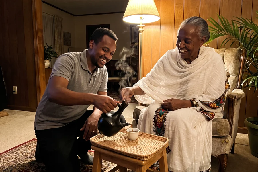 A caregiver and elderly Ethiopian grandmother sharing a traditional coffee ceremony at home.