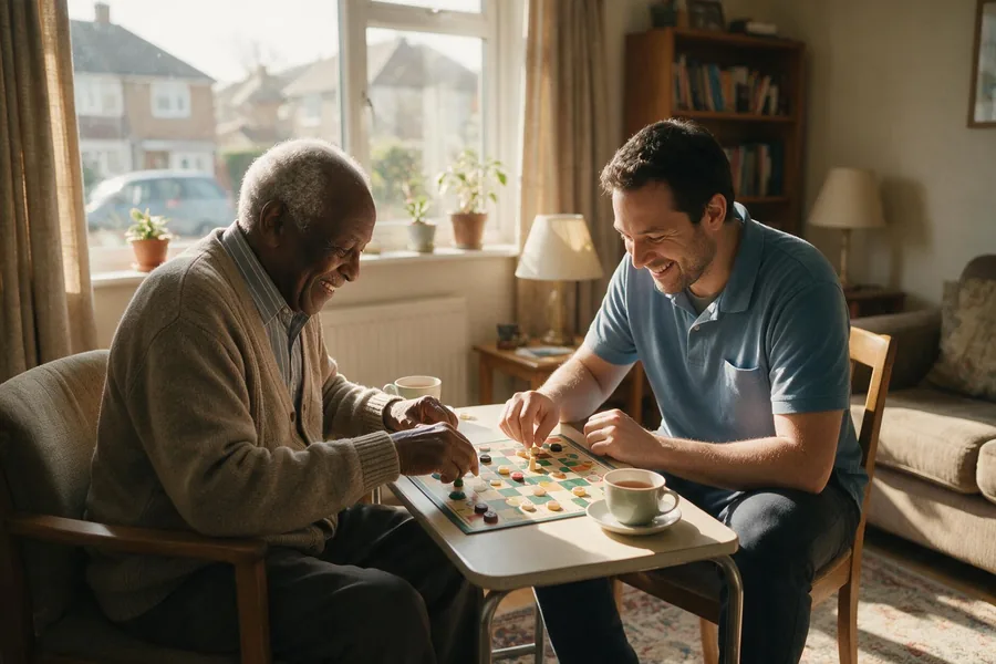 An elderly man playing a board game with his companion caregiver.